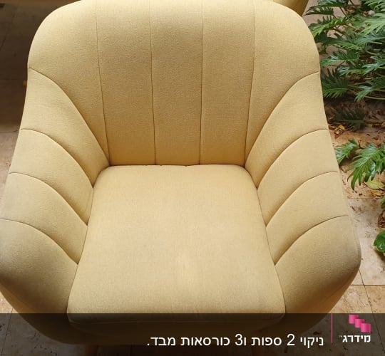 כורסה צהובה על רצפת אבן ליד צמחים ירוקים
